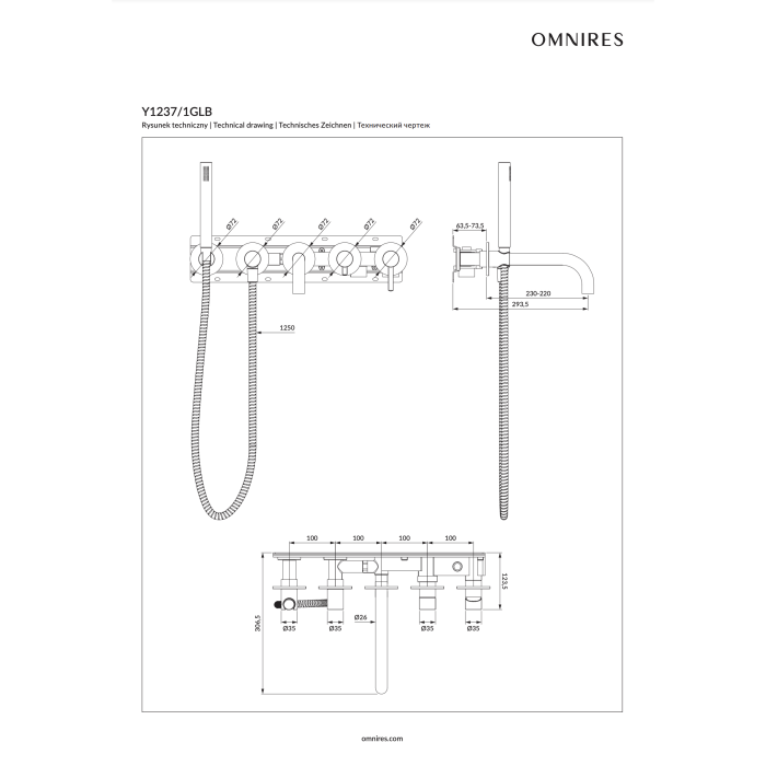 Potinkinis 5-os osakonnaga vannisegisti komplekt OMNIRES Y, kraani pikkus 22-23 cm, Y1237/1GLB