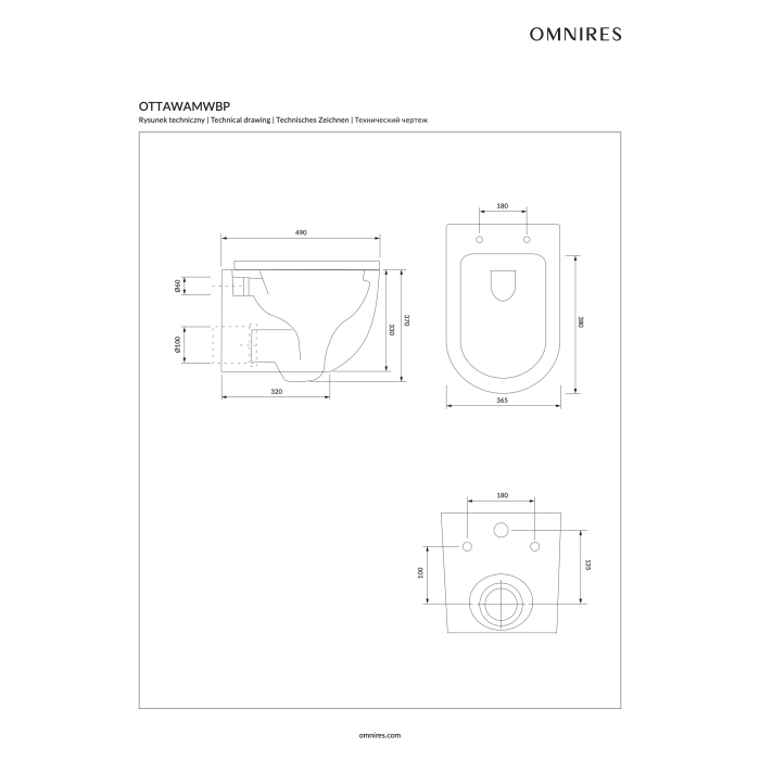 Rippuv WC-pott OMNIRES Ottawa Compact Rimless pehmea sulgemise kaanega, OTTAWAMWBP