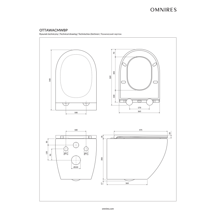 Подвесной унитаз OMNIRES Ottawa Comfort Rimless с мягким закрыванием крышки, OTTAWACMWBP