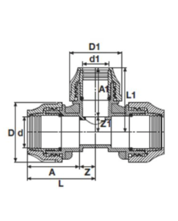 Plastic threaded reduced tee for PE pipe PIMTAS 50 x 25 x 50, EX70001705