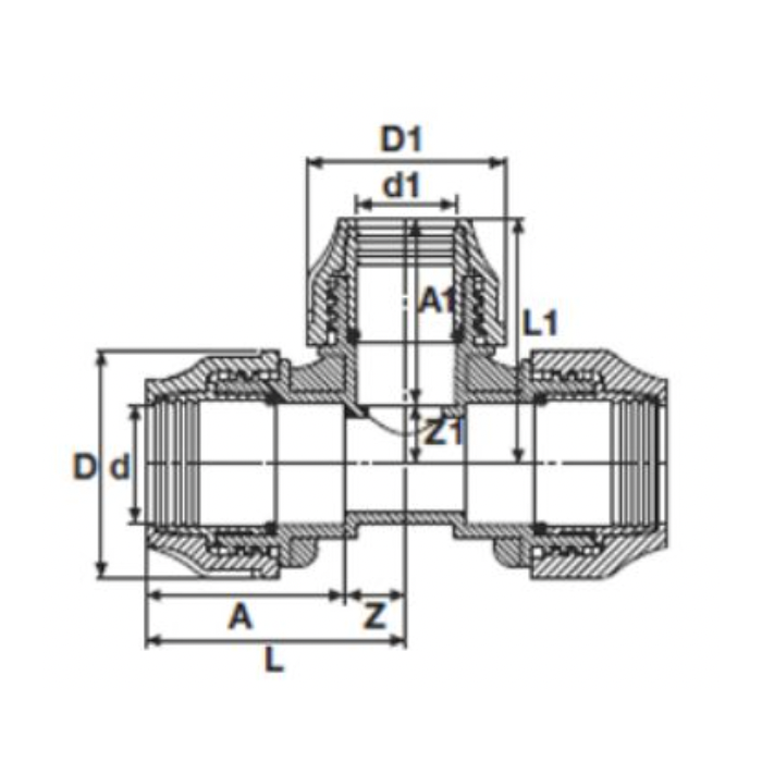 Plastic threaded reduced tee for PE pipe PIMTAS 75 x 50 x 75, EX70001712