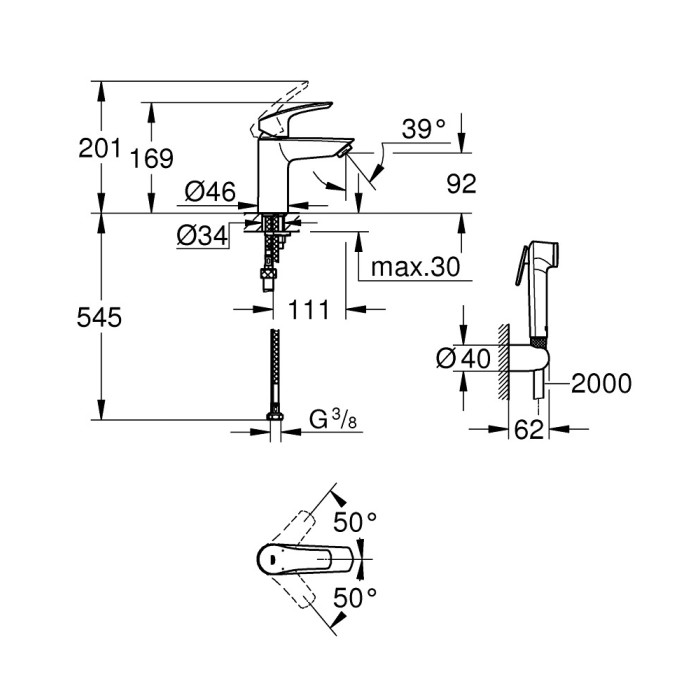 GROHE EuroSmart basin mixer with hand shower, 23124003