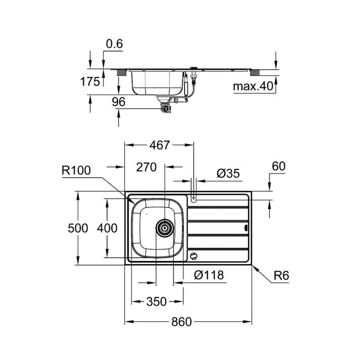Stainless steel sink with Bau kitchen faucet GROHE K200, 31562SD1