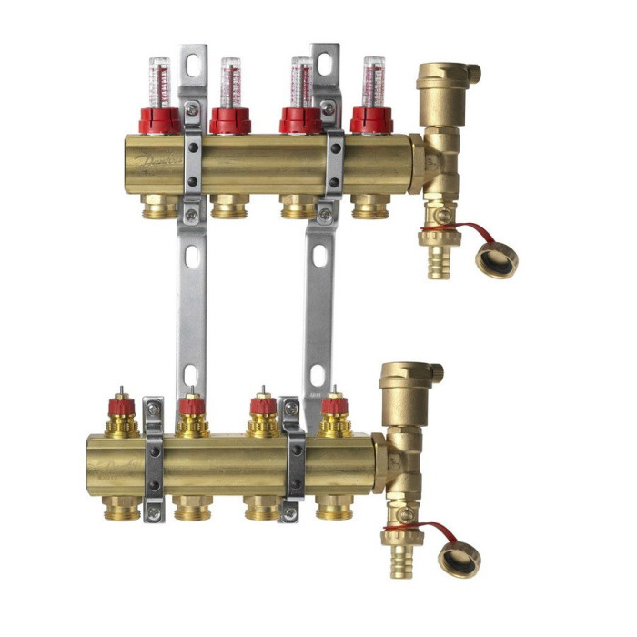 Регулируемые коллекторы для теплого пола DANFOSS на 4 контура с расходомерами
