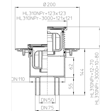 Вертикальный трап HL 310 NPr с "сухим" сифоном Primus