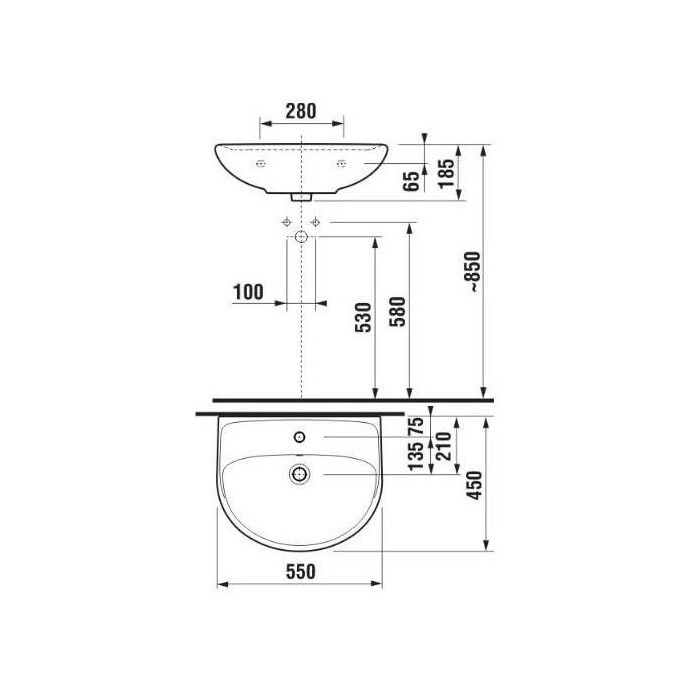 Wall-mounted sink JIKA Lyra Plus, 550 x 450 mm, (mixer hole in the center)