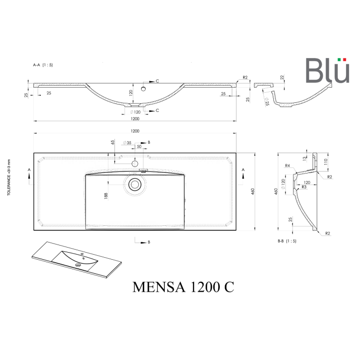 Baldinis - подвесная раковина из каменной массы BLU Mensa, 1200 x 460 мм