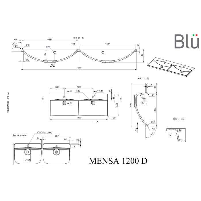 Baldinis - подвесная раковина из каменной массы BLU Mensa, 1200 x 460 мм