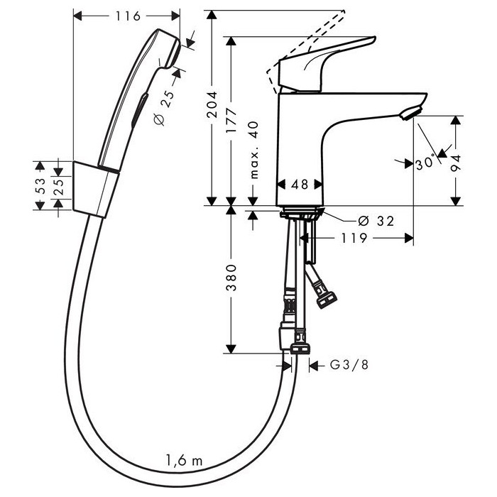 Смеситель для раковины с донным клапаном и биде-душем HANSGROHE Focus 31927000