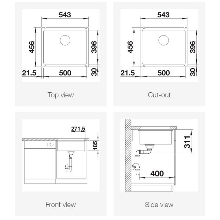 Under the countertop is installed a ceramic sink BLANCO SUBLINE 500-U, 54.3x45.6 cm, White, glossy.