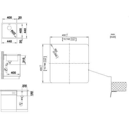 Under the countertop, a BLANCO ANDANO 400-U sink is installed, 44x44 cm, without an eccentric valve.