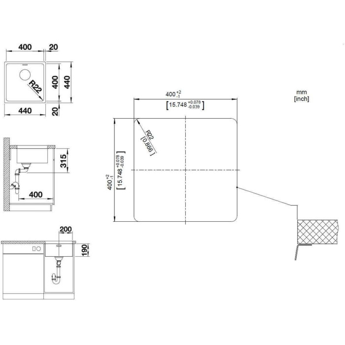 Under the countertop, a BLANCO ANDANO 400-U sink is installed, 44x44 cm, without an eccentric valve.