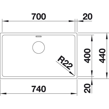 Under the countertop is installed the BLANCO ANDANO 700-U sink, 74x44 cm, without an eccentric valve.