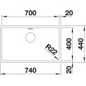 Under the countertop is installed the BLANCO ANDANO 700-U sink, 74x44 cm, without an eccentric valve.