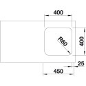 Under the countertop is installed the BLANCO SUPRA 400-U sink, 43x43 cm, without an eccentric valve.