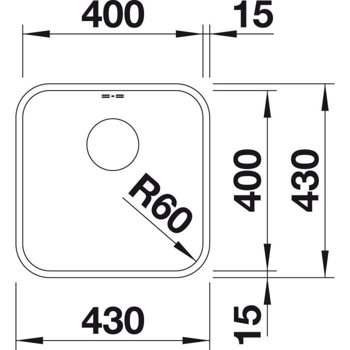 Under the countertop is installed the BLANCO SUPRA 400-U sink, 43x43 cm, without an eccentric valve.