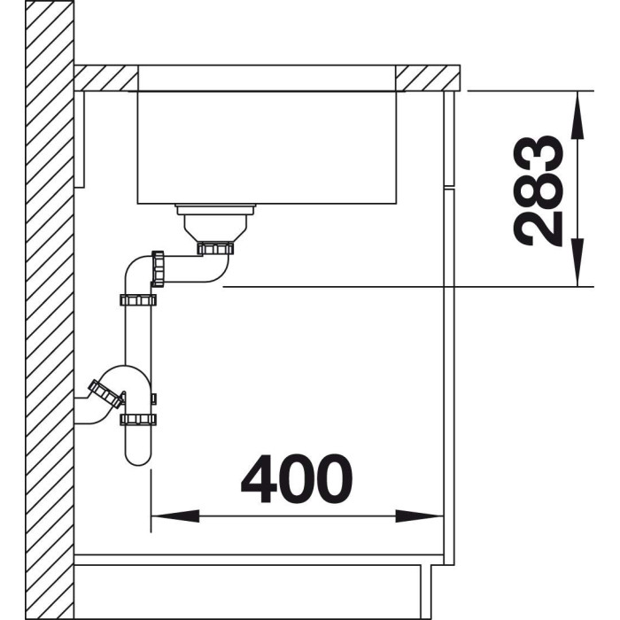 Under the countertop is installed the BLANCO SUPRA 400-U sink, 43x43 cm, without an eccentric valve.
