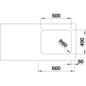 Under the countertop, a BLANCO SUPRA 500-U sink is installed, 53x43 cm, without an eccentric valve.
