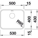 Under the countertop, a BLANCO SUPRA 500-U sink is installed, 53x43 cm, without an eccentric valve.
