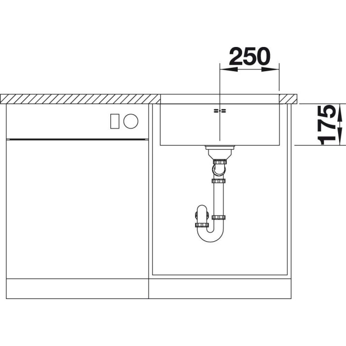 Under the countertop, a BLANCO SUPRA 500-U sink is installed, 53x43 cm, without an eccentric valve.