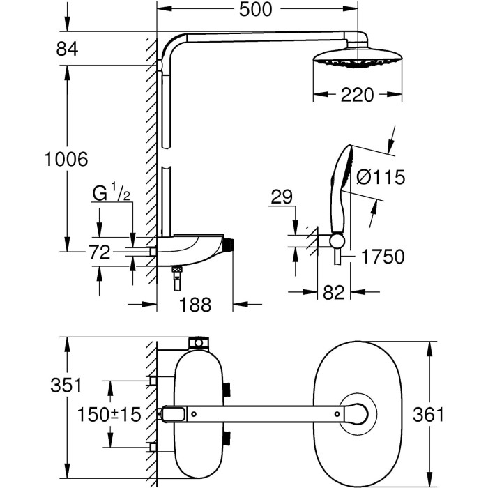 Thermostatic rain shower system GORHE Rainshower SmartControl 360 Duo with handheld shower Power&Soul, 115 26250000