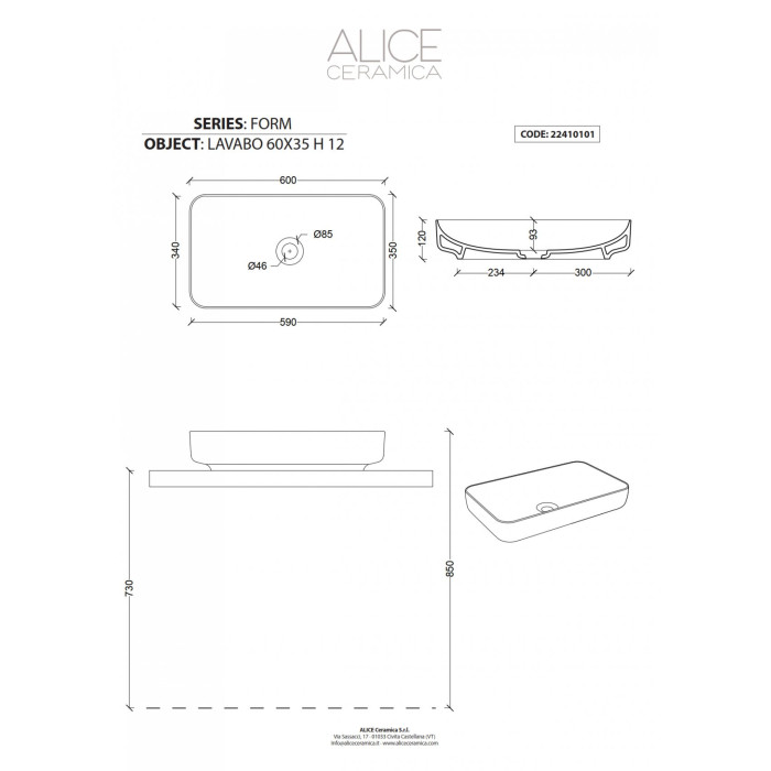 ALICE CERAMICA countertop sink Size 60 x 35 cm