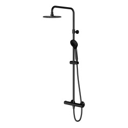 Black overhead thermostatic shower system OMNIRES Y1244LUXBL with a metal shower head