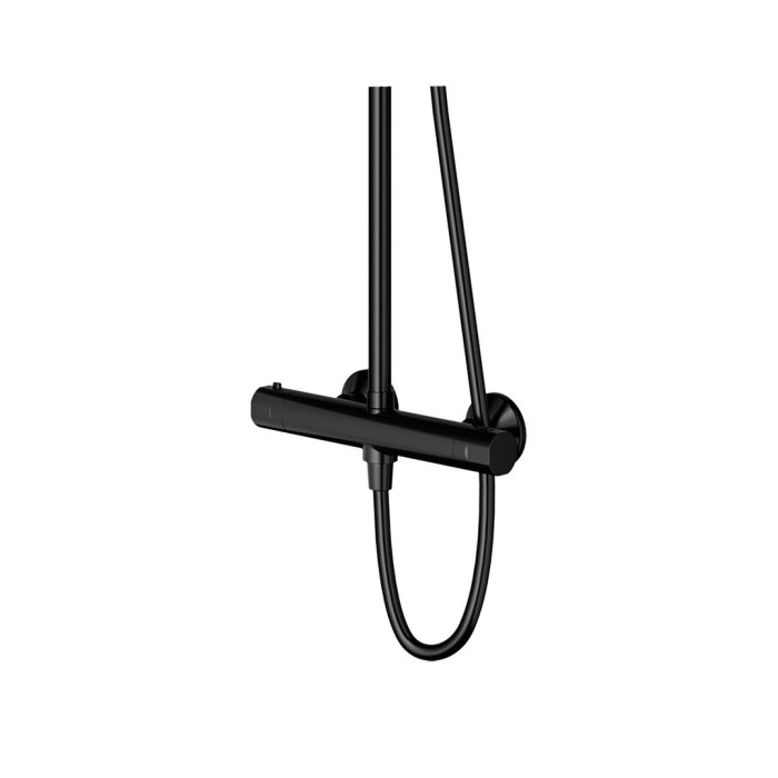 Black overhead thermostatic shower system OMNIRES Y1244LUXBL with a metal shower head