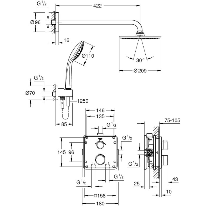 Смеситель для душа GROHE Grohtherm Cosmopolitan 210 с термостатом, 34734000
