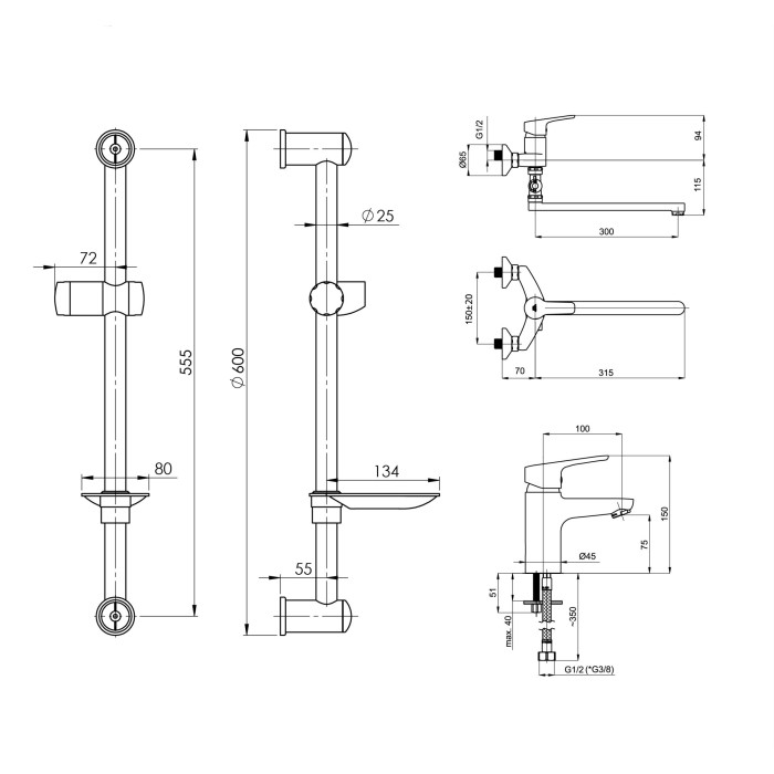 Rubineta Uno-12/C + uno-18 + variant-delta faucet set for the bathroom
