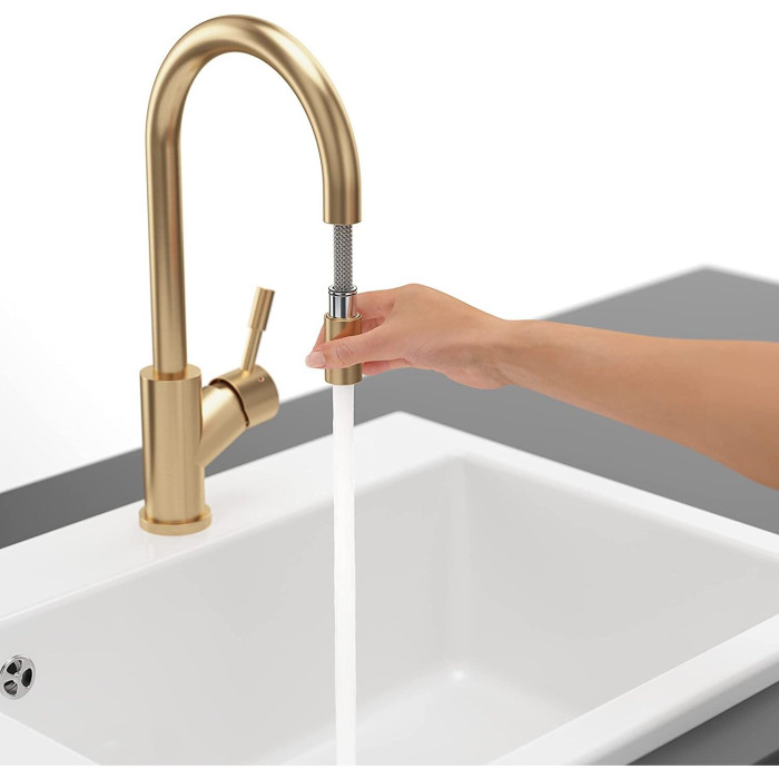 Sink mixer with pull-out spray VILLEROY&BOCH Umbrella Flex with gold feathers